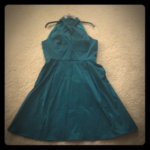 Taffeta teal dress, cross straps, keyhole front